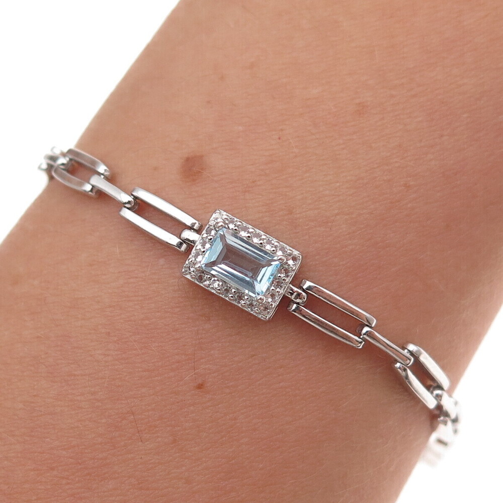 Han 925 Sterling Silver Real Blue & White Topaz Bracelet 7.5-8.5"